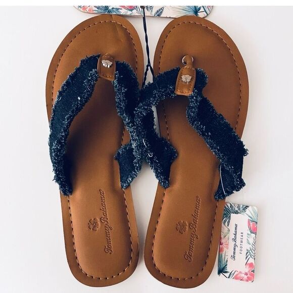 NWT Tommy Bahama Sz 10 Brown Navy Denim Canvas Cushioned Comfy Flip Flop Sandals - Picture 1 of 12